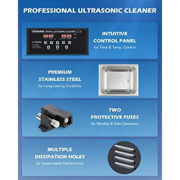 CREWORKS 10L Digital Ultrasonic Cleaning Machine with Degas and Gentle Mode, 240W Ultrasonic Cleaner Machine with Heater and Timer, 2.6 gal Ultrasound Cleaner for Retainer Watch Auto Tool Machine Part