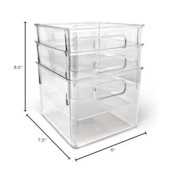 Isaac Jacobs 3-Pack Medium Clear Storage Bins with Handles, Plastic Organizer for Home or Fridge/Freezer, Pantry and Kitchen Non-Slip Container Set, BPA Free, Food Safe (3-Pack, Medium)