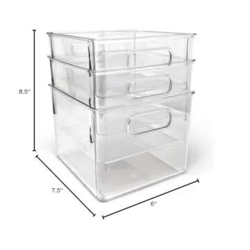 Isaac Jacobs 3-Pack Medium Clear Storage Bins with Handles, Plastic Organizer for Home or Fridge/Freezer, Pantry and Kitchen Non-Slip Container Set, BPA Free, Food Safe (3-Pack, Medium)