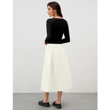 Ymejia Womens Long Sleeve Drop Waist Midi Dress Flowy Square Neck Slim Fit Casual A Line Long Dresses with Pockets Black White