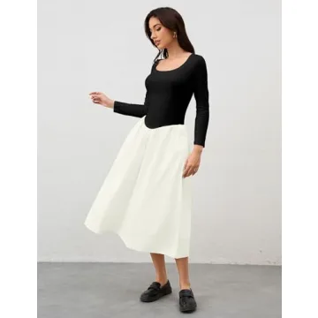 Ymejia Womens Long Sleeve Drop Waist Midi Dress Flowy Square Neck Slim Fit Casual A Line Long Dresses with Pockets Black White
