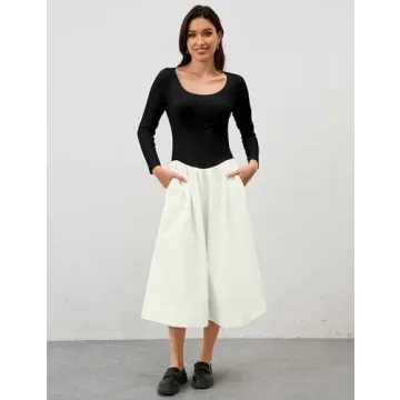 Ymejia Womens Long Sleeve Drop Waist Midi Dress Flowy Square Neck Slim Fit Casual A Line Long Dresses with Pockets Black White