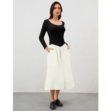 Ymejia Womens Long Sleeve Drop Waist Midi Dress Flowy Square Neck Slim Fit Casual A Line Long Dresses with Pockets Black White