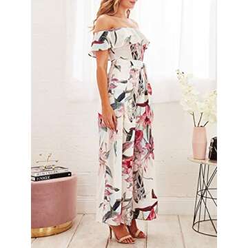 Miessial Women's Floral Print Elegant Off Shoulder Jumpsuit Rompers Wide Leg Jumpsuit with Belt White 4/6