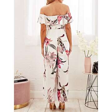 Miessial Women's Floral Print Elegant Off Shoulder Jumpsuit Rompers Wide Leg Jumpsuit with Belt White 4/6