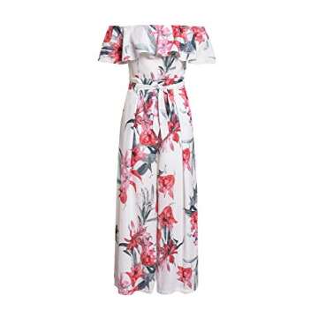 Miessial Women's Floral Print Elegant Off Shoulder Jumpsuit Rompers Wide Leg Jumpsuit with Belt White 4/6