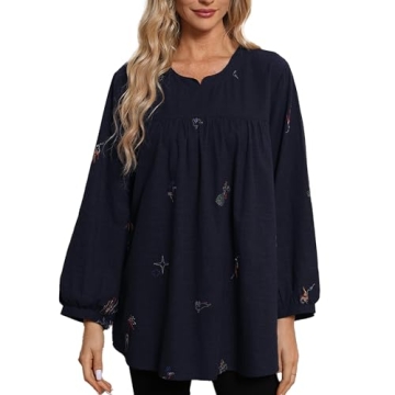 Grosy Elegant Long Sleeve Simple Embroidered Tops for Women Casual Boho Fashion Fall Spring Peasant ...