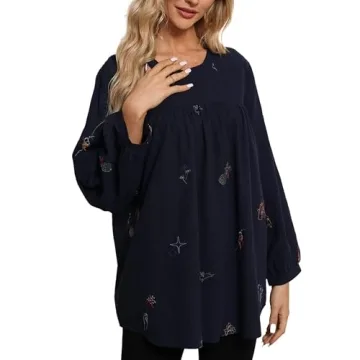 Grosy Elegant Long Sleeve Simple Embroidered Tops for Women Casual Boho Fashion Fall Spring Peasant Blouse Hippie Shirt Blue