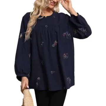 Grosy Elegant Long Sleeve Simple Embroidered Tops for Women Casual Boho Fashion Fall Spring Peasant Blouse Hippie Shirt Blue