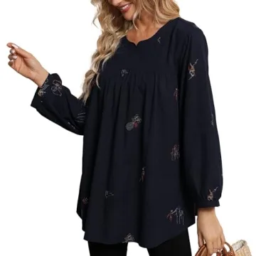 Grosy Elegant Long Sleeve Simple Embroidered Tops for Women Casual Boho Fashion Fall Spring Peasant Blouse Hippie Shirt Blue
