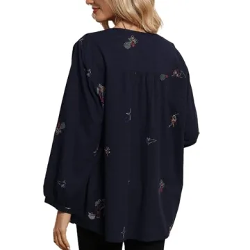 Grosy Elegant Long Sleeve Simple Embroidered Tops for Women Casual Boho Fashion Fall Spring Peasant Blouse Hippie Shirt Blue