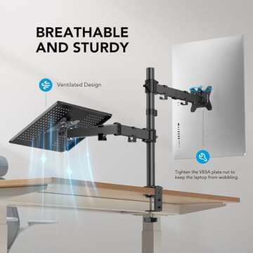 HUANUO Laptop Monitor Mount, Single Monitor Desk Mount Holds 13-32 inch Computer Screen, Laptop Notebook Desk Mount Stand Fits Up to 17 inch, Fully Adjustable Weight Up to 22 lbs