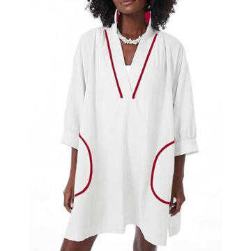 Ailoqing Women's V Neck 3/4 Sleeve Swim Coverup Dress