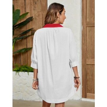 Ailoqing Women's V Neck 3/4 Sleeve Swim Coverup Dress