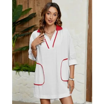 Ailoqing Women's V Neck 3/4 Sleeve Swim Coverup Dress