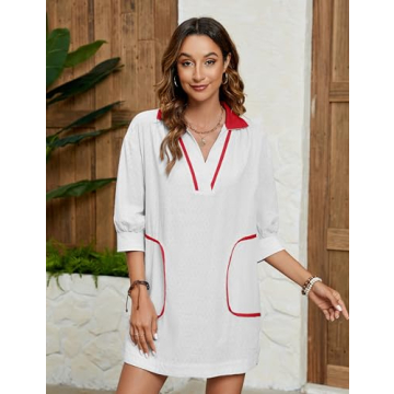 Ailoqing Women's V Neck 3/4 Sleeve Swim Coverup Dress