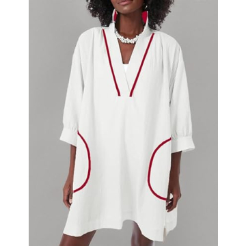 Ailoqing Women's V Neck 3/4 Sleeve Swim Coverup Dress