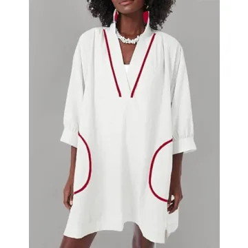 Ailoqing Women's V Neck 3/4 Sleeve Swim Coverup Dress