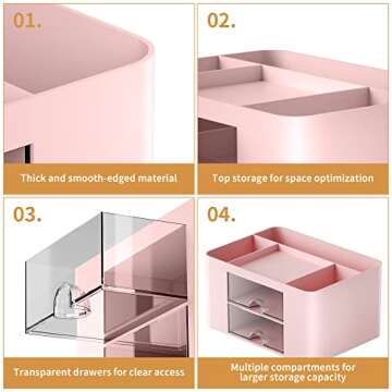 Marbrasse Pink Pen Organizer with 2 Drawers for Efficient Storage