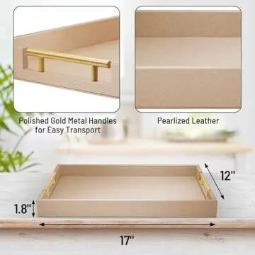 ATZYmolin 17" x 12" Wood Serving Tray with Gold Polished Metal Handles, Home Decorative Wooden Recta...