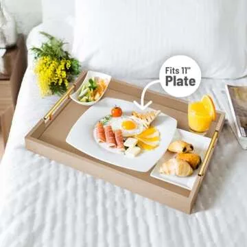 ATZYmolin 17" x 12" Wood Serving Tray with Gold Polished Metal Handles, Home Decorative Wooden Rectangle Ottoman Leather Decor Platter Bathroom Vanity Tray for All Occasions Khaki