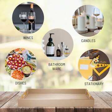 ATZYmolin 17" x 12" Wood Serving Tray with Gold Polished Metal Handles, Home Decorative Wooden Rectangle Ottoman Leather Decor Platter Bathroom Vanity Tray for All Occasions Khaki