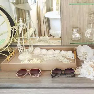 ATZYmolin 17" x 12" Wood Serving Tray with Gold Polished Metal Handles, Home Decorative Wooden Rectangle Ottoman Leather Decor Platter Bathroom Vanity Tray for All Occasions Khaki