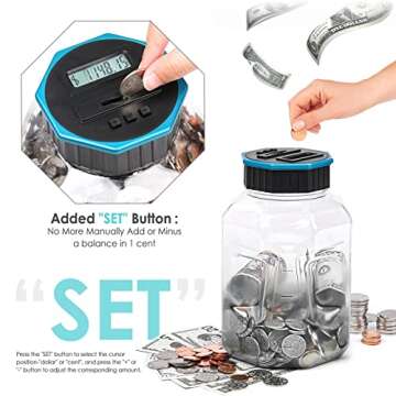 X-Large Piggy Bank for Adults Kids, Vcertcpl Digital Coin Counting Bank with LCD Counter, 2.4L Capacity, Great Coin Counter Bank Money Counting Jar with Total Amount Displayed (Blue, X-Large)