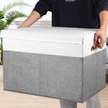Large Toy Storage Box with Lid, Sturdy Toys Storage Chest Bin Organizer Basket with Dividers for Kids, Boys, Girls, Nursery, Closet, Bedroom, Playroom 26"x17" x17" (Grey and White)