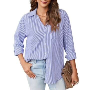 Misakia Womens Button Down Shirt Striped Lightweight Business Casual Tops Long Sleeve Work Blouses T...