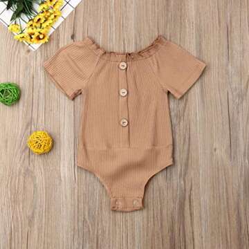 Kuriozud Newborn Infant Baby Girl Solid Off Shoulder Short Sleeve Button Bodysuit Romper One Piece Jumpsuit Outfits Clothes (Khaki, 6-12 Months)