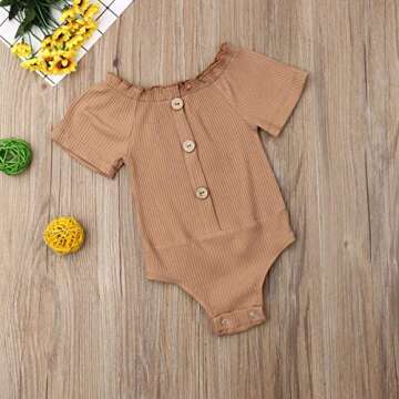 Kuriozud Newborn Infant Baby Girl Solid Off Shoulder Short Sleeve Button Bodysuit Romper One Piece Jumpsuit Outfits Clothes (Khaki, 6-12 Months)