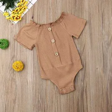 Kuriozud Newborn Infant Baby Girl Solid Off Shoulder Short Sleeve Button Bodysuit Romper One Piece Jumpsuit Outfits Clothes (Khaki, 6-12 Months)
