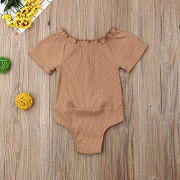 Kuriozud Newborn Infant Baby Girl Solid Off Shoulder Short Sleeve Button Bodysuit Romper One Piece Jumpsuit Outfits Clothes (Khaki, 6-12 Months)