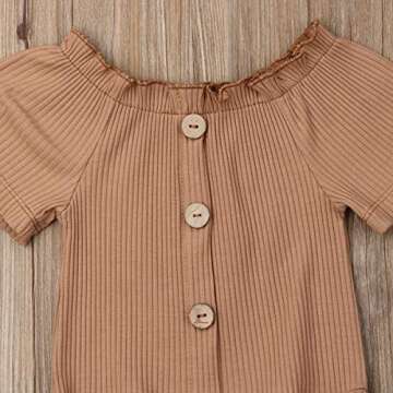 Kuriozud Newborn Infant Baby Girl Solid Off Shoulder Short Sleeve Button Bodysuit Romper One Piece Jumpsuit Outfits Clothes (Khaki, 6-12 Months)