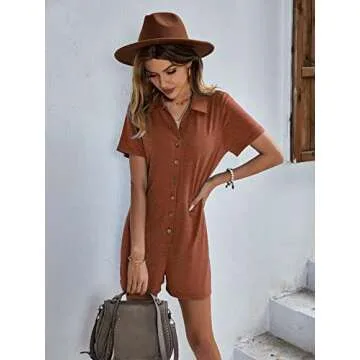Adibosy Women's V Neck Button Down Rompers Summer Short Sleeve Loose Romper One Piece Shorts Playsuit Jumpsuit Khaki XL