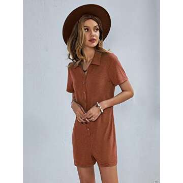 Adibosy Women's V Neck Button Down Rompers Summer Short Sleeve Loose Romper One Piece Shorts Playsuit Jumpsuit Khaki XL