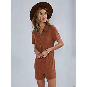 Adibosy Women's V Neck Button Down Rompers Summer Short Sleeve Loose Romper One Piece Shorts Playsuit Jumpsuit Khaki XL