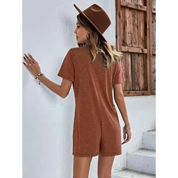 Adibosy Women's V Neck Button Down Rompers Summer Short Sleeve Loose Romper One Piece Shorts Playsuit Jumpsuit Khaki XL