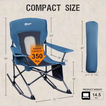 PORTAL Folding Rocking Chair Portable Camping Rocker for Adults Outdoor Lawn Garden with Cup Holder Side Pocket Carry Bag, Supports 350 LBS (Mesh Blue)