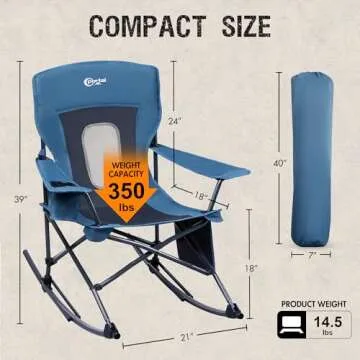 PORTAL Folding Rocking Chair Portable Camping Rocker for Adults Outdoor Lawn Garden with Cup Holder Side Pocket Carry Bag, Supports 350 LBS (Mesh Blue)
