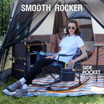 PORTAL Folding Rocking Chair Portable Camping Rocker for Adults Outdoor Lawn Garden with Cup Holder Side Pocket Carry Bag, Supports 350 LBS (Mesh Blue)