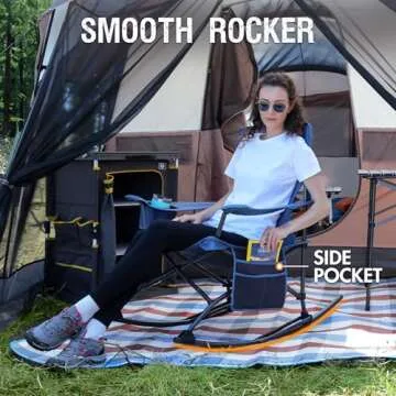 PORTAL Folding Rocking Chair Portable Camping Rocker for Adults Outdoor Lawn Garden with Cup Holder Side Pocket Carry Bag, Supports 350 LBS (Mesh Blue)