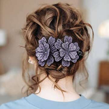 inSowni 4 Pack Luxury Fancy Gems Korean Decorative Glitter Sparkly Crystals Rhinestones Double Flower Hair Claws Clips Plastic Barrettes Hairpin Clamps Hair Accessories for Women Girls Thick Long Hair