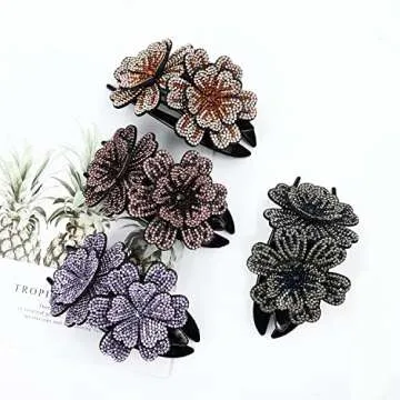 inSowni 4 Pack Luxury Fancy Gems Korean Decorative Glitter Sparkly Crystals Rhinestones Double Flower Hair Claws Clips Plastic Barrettes Hairpin Clamps Hair Accessories for Women Girls Thick Long Hair
