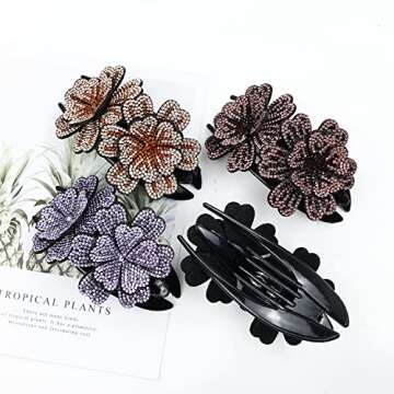 inSowni 4 Pack Luxury Fancy Gems Korean Decorative Glitter Sparkly Crystals Rhinestones Double Flower Hair Claws Clips Plastic Barrettes Hairpin Clamps Hair Accessories for Women Girls Thick Long Hair