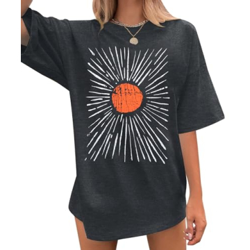 Oversized Sunshine Shirt Women Vintage Sun Print Graphic Tee Hiking T-Shirts Boho Summer Short Sleev...