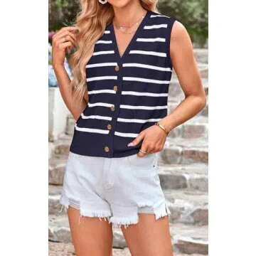 NALANISA Women's Trendy Summer Sweater Vests 2025 V Neck Sleeveless Button Up Knit Crop Tank Tops Y2k Vest Shirts Spring Outfits (Navy,M)