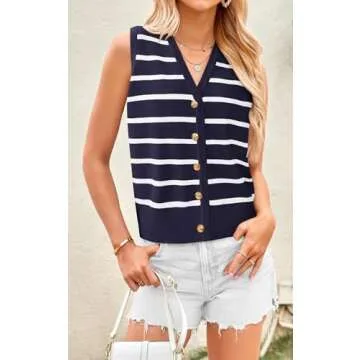 NALANISA Women's Trendy Summer Sweater Vests 2025 V Neck Sleeveless Button Up Knit Crop Tank Tops Y2k Vest Shirts Spring Outfits (Navy,M)