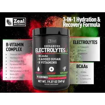 Zeal Naturals Electrolyte Powder Recovery Drink (90 Servings | Cherry Limeade) w 0 Sugar +BCAAs +B-Vitamins Electrolyte Supplement w Potassium Zinc & Magnesium for Hydration - Keto Electrolytes